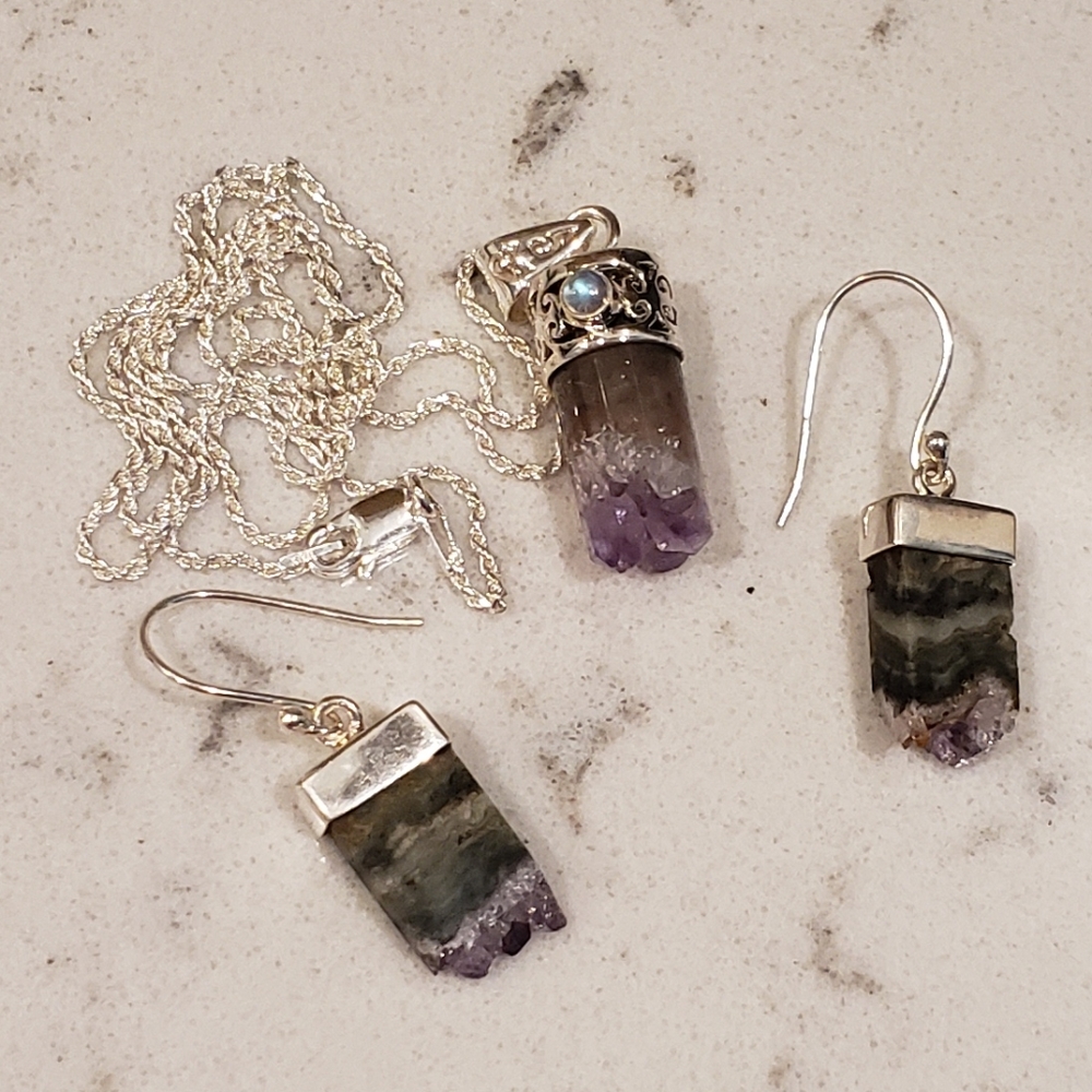 Set of raw amethyst earrings and necklace in sterling